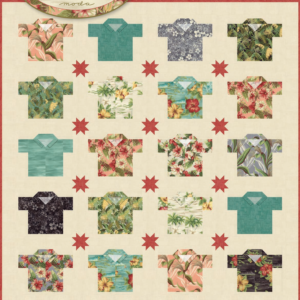 Sunshine free quilt pattern by Moda Fabrics featuring 20 Hawaiian shirt quilt blocks in colorful tropical floral prints with red star accents on a cream background.