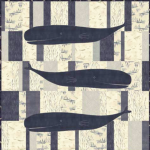 Jolly Whales free quilt pattern by Janet Clare for Moda Fabrics featuring three navy blue whales on a patchwork ocean-themed background