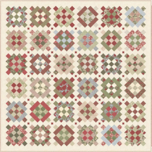 Joyeux free Christmas quilt pattern by Moda Fabrics featuring 36 traditional patchwork blocks in vintage red, sage green, cream, and soft blue fabrics.