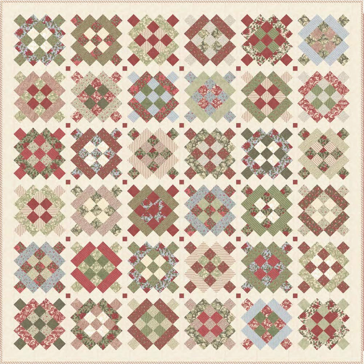 Joyeux free Christmas quilt pattern by Moda Fabrics featuring 36 traditional patchwork blocks in vintage red, sage green, cream, and soft blue fabrics.