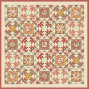 Larkspur free quilt pattern by 3 Sisters for Moda Fabrics featuring traditional star and geometric patchwork blocks in soft pink, coral, sage green, yellow, and cream floral fabrics