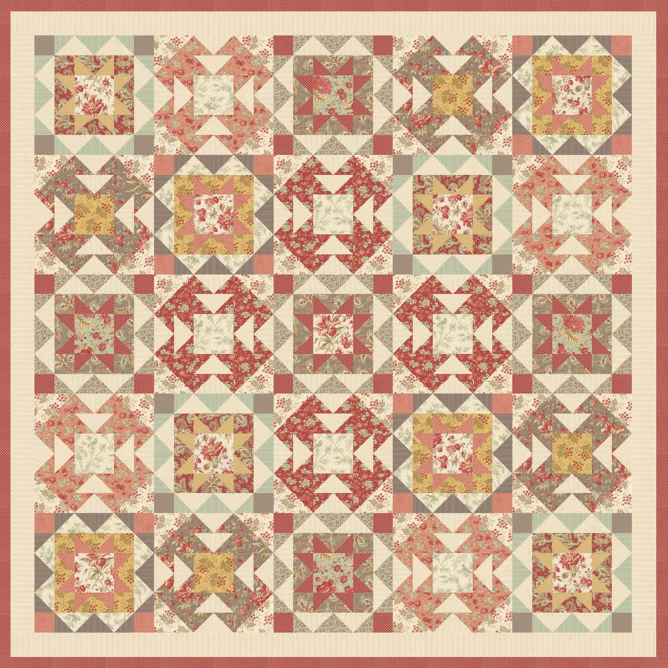 Larkspur free quilt pattern by 3 Sisters for Moda Fabrics featuring traditional star and geometric patchwork blocks in soft pink, coral, sage green, yellow, and cream floral fabrics