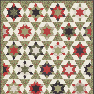 Midnight Clear free Christmas quilt pattern by 3 Sisters for Moda Fabrics featuring six-pointed star blocks in festive red, sage green, black, and cream with a floral green background