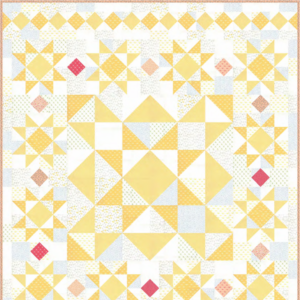 O' Beautiful Morning free quilt pattern by Moda Fabrics featuring cheerful yellow star blocks, a large central star, and colorful diamond accents using Break of Day fabrics by Sweetfire Road