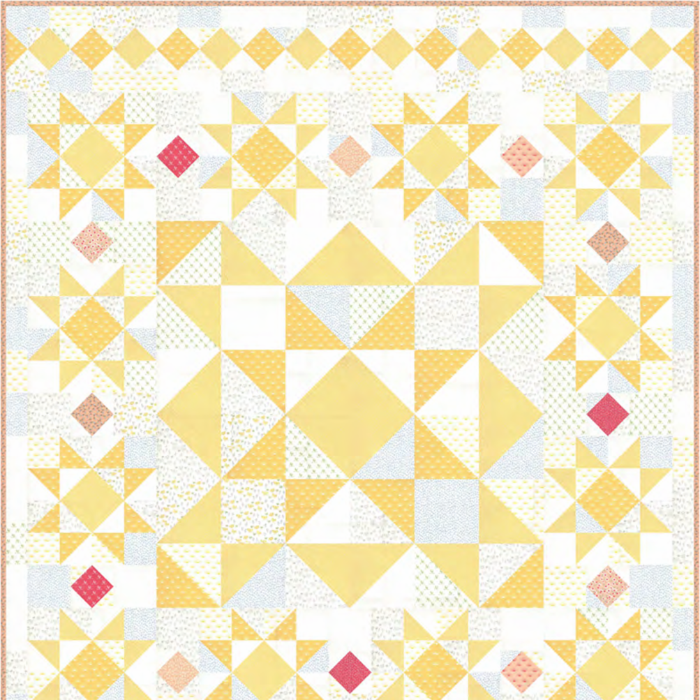 O' Beautiful Morning free quilt pattern by Moda Fabrics featuring cheerful yellow star blocks, a large central star, and colorful diamond accents using Break of Day fabrics by Sweetfire Road