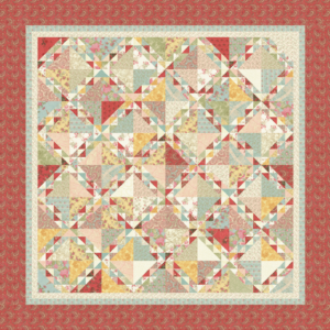 Paris Flea Market free quilt pattern by 3 Sisters for Moda Fabrics featuring traditional diamond patchwork blocks in romantic pink, aqua, coral, sage green, and yellow floral fabrics