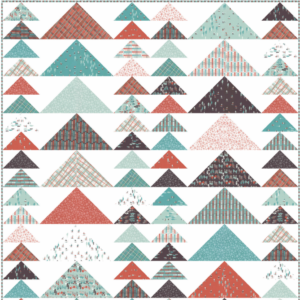 Peaks and Valleys free quilt pattern by Miss Rosie for Moda Fabrics featuring colorful mountain-shaped triangle blocks in aqua, coral, teal, and charcoal fabrics from the Tahoe Ski Week collection.