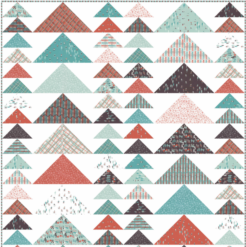Peaks and Valleys free quilt pattern by Miss Rosie for Moda Fabrics featuring colorful mountain-shaped triangle blocks in aqua, coral, teal, and charcoal fabrics from the Tahoe Ski Week collection.