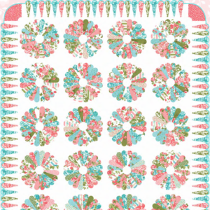 Pocketful of Posies free quilt pattern by Moda Fabrics featuring 20 colorful Dresden Plate flower blocks in pink, aqua, coral, and green floral fabrics by Chloe's Closet