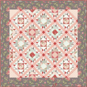 Porcelain free quilt pattern by 3 Sisters for Moda Fabrics featuring intricate diamond patchwork blocks and diagonal pink sashing in coral, mint green, gray, and cream floral fabrics.