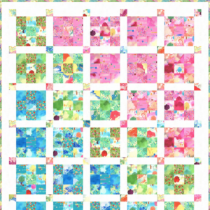 Rain or Shine free quilt pattern by Moda Fabrics featuring colorful patchwork blocks in bright pink, turquoise, blue, and green fabrics from the Fanciful Forest collection by Momo