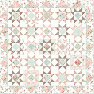 Rue 1800 free quilt pattern by 3 Sisters for Moda Fabrics featuring traditional star and square-in-a-square patchwork blocks in soft pink, aqua, cream, and taupe floral fabrics.