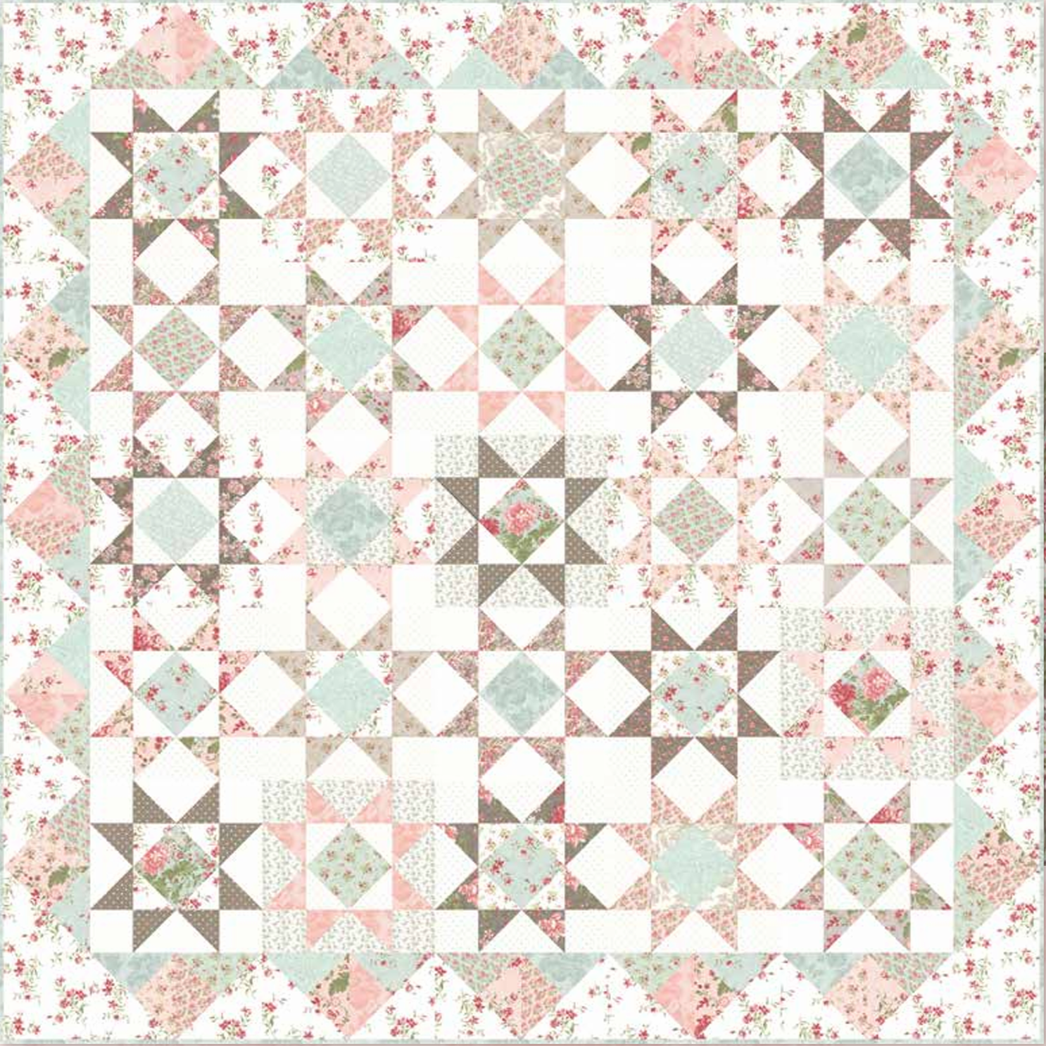 Rue 1800 free quilt pattern by 3 Sisters for Moda Fabrics featuring traditional star and square-in-a-square patchwork blocks in soft pink, aqua, cream, and taupe floral fabrics.