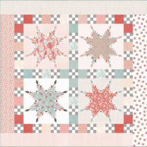Peace free quilt pattern featuring four intricate star quilt blocks in soft pink, aqua, coral, and gray floral fabrics from the Sanctuary collection by 3 Sisters for Moda Fabrics.