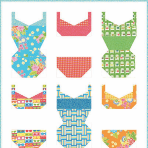 Sanibel free quilt pattern by Gina Martin for Moda Fabrics featuring colorful retro swimsuit quilt blocks in bright blue, pink, orange, and green floral fabrics