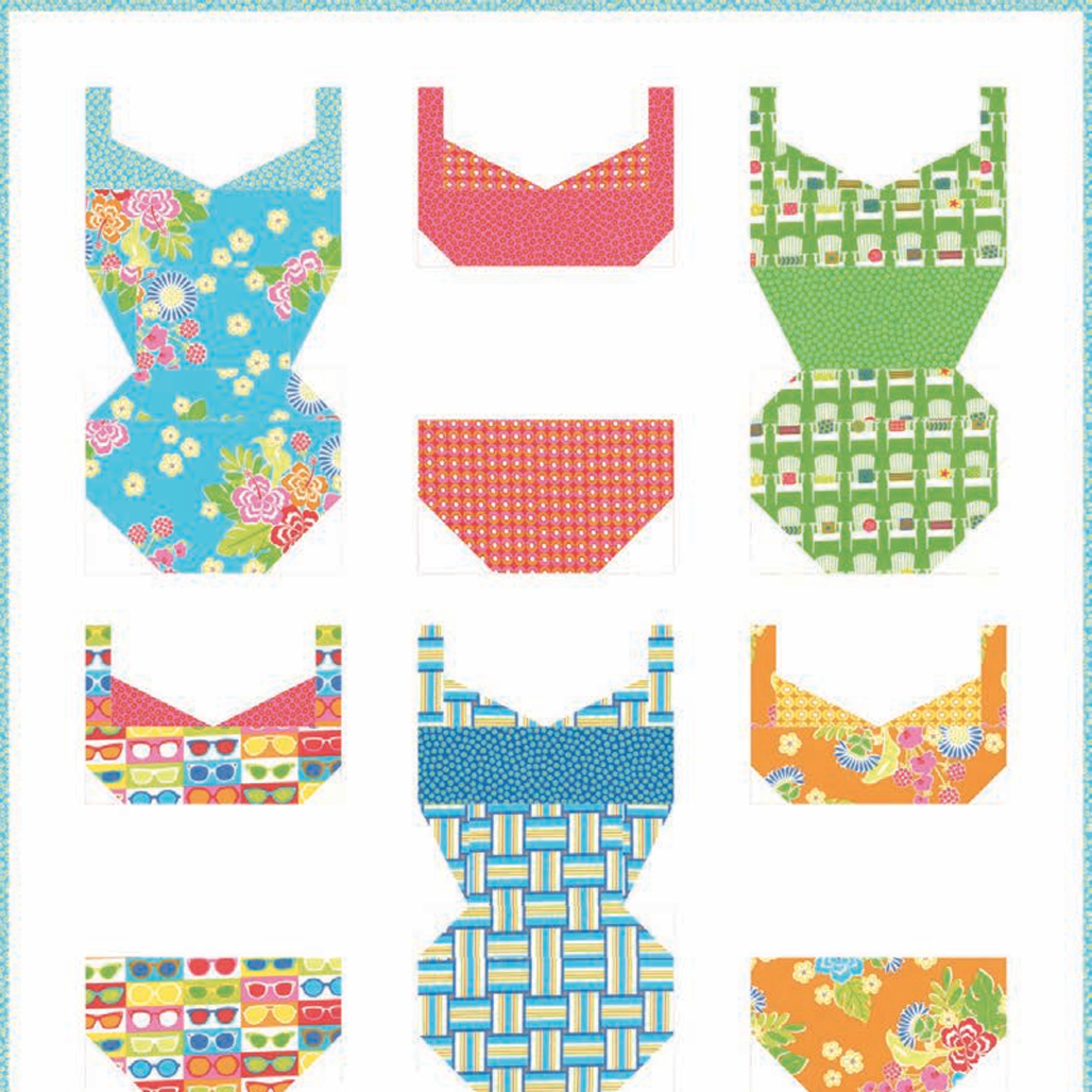 Sanibel free quilt pattern by Gina Martin for Moda Fabrics featuring colorful retro swimsuit quilt blocks in bright blue, pink, orange, and green floral fabrics