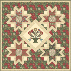 Starry Eve free Christmas quilt pattern by Denise Russell for Moda Fabrics featuring four large patchwork stars and a floral basket appliqué in festive red, green, and cream fabrics