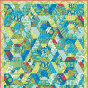 Summer House free quilt pattern by Lily Ashbury for Moda Fabrics featuring colorful triangle patchwork in bright turquoise, lime green, aqua, and blue floral and paisley fabrics.