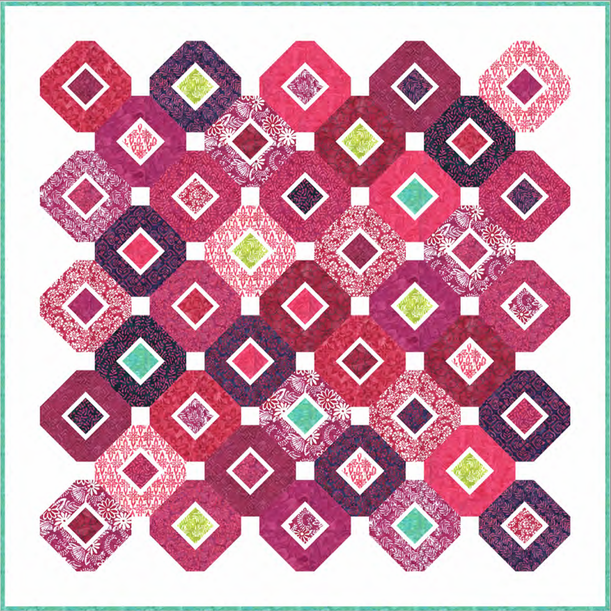 Truffle Fillings free quilt pattern by Moda Fabrics featuring octagonal quilt blocks in pink, raspberry, burgundy, and purple batiks with colorful diamond centers and white background accents.