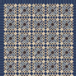Union Blues free quilt pattern featuring intricate traditional patchwork blocks in navy blue, antique blue, cream, and sepia brown reproduction fabrics by Barbara Brackman for Moda Fabrics.