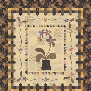 Wild Orchid free quilt pattern by Blackbird Designs for Moda Fabrics, featuring a floral appliqué centerpiece with purple orchids in a dark vase, surrounded by delicate vine borders, patchwork accents, and rich floral fabrics.