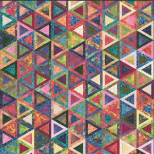 Wild Waves Batiks free quilt pattern by Moda Fabrics, featuring a vibrant geometric triangle design in colorful batik fabrics with shades of turquoise, purple, pink, orange, green, red, and blue.