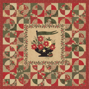 Wintergreen free quilt pattern by 3 Sisters for Moda Fabrics, featuring a central Christmas floral appliqué with red poinsettias, evergreen sprigs, and a vintage basket, surrounded by traditional circle patchwork blocks in red, forest green, and cream.