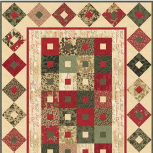 Winterlude free table runner pattern by 3 Sisters for Moda Fabrics, featuring traditional square-in-a-square patchwork blocks and diamond borders in festive red, forest green, cream, and vintage Christmas prints.